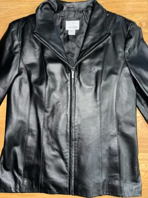East 5th Black Leather Jacket Coat Women’s Size Medium Full Zip Side Pockets EUC thumbnail 2
