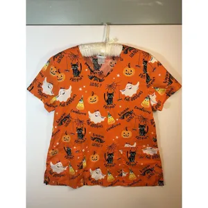 Scrubstar Womens L Halloween Print V-Neck Short Sleeve Scrub Top Cotton Orange thumbnail 14