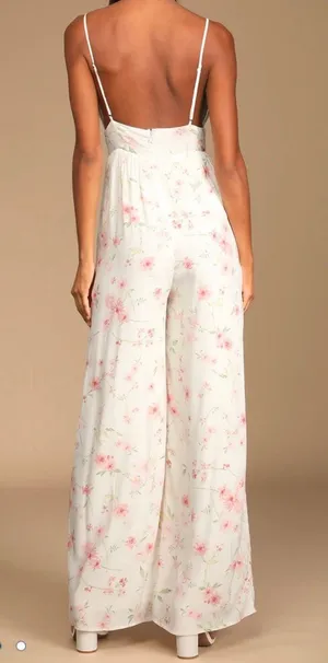New With Tags Lulu’s Darling Blooms Ivory Floral Print Wide-Leg Jumpsuit XS thumbnail 4