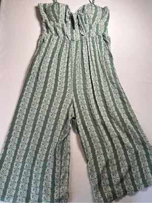 Su Wish Green Paisley Jumpsuit Womens XL Boho Wide Leg Tie Front thumbnail 10