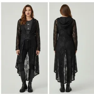 Whimsigoth Witchy Goth Hooded Sheer Lace Maxi Duster Cardigan Black Victorian M thumbnail 2