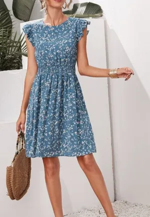 Ditsy‎ Floral Dress Blue Ruffle Cap Sleeve Smocked Waist Boho Cottage Garden S thumbnail 1