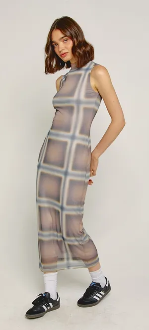 Another Girl Beige Checked Sleeveless High Neck Maxi Dress Size Large thumbnail 1