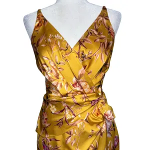 NWOT Express Satin Mustard Yellow Floral Bird Twist Front Tulip Midi Dress Small thumbnail 4
