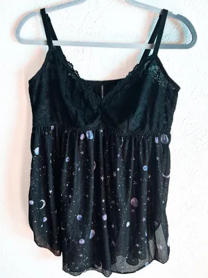 Torrid Celestial Lace Babydoll Cami Top Moon & Stars Print Size 1 Black thumbnail 1