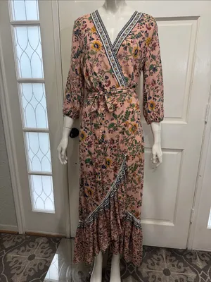 FARM Rio 100% Viscose Pink Floral Wrap Long Sleeve Maxi Dress Size Medium🌸💗 thumbnail 5