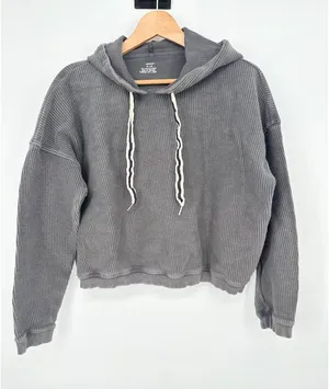 Aerie‎ Womens Shirt New Love Corded Cropped Ribbed Hoodie Sweatshirt Gray Medium thumbnail 1