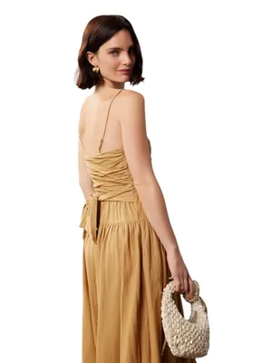 Toccin- Ruched Bodice Tie Midi Dress in Tan Size 4 thumbnail 4