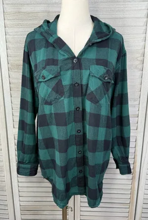 BLUENOTES Women's Cotton Flannel Hooded Button Down Green/Black Check-Large thumbnail 1