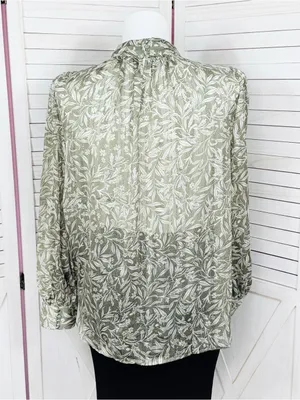 H&M Floral Pleated Mock Neck Blouse Green Cream Large Sheer Satin Office Boho thumbnail 5