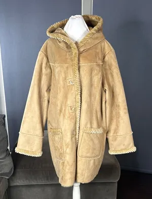 Women’s Vintage St John’s Bay Tan Faux Suede Hooded Coat Faux Fur Lined Size L thumbnail 1
