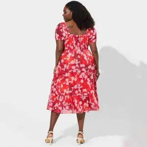 Torrid Floral Crinkle Fabric Tiered Puff Sleeve Smocked Midi Dress Red‎ Pink 12 thumbnail 5
