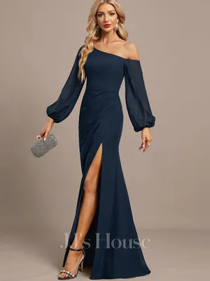 NEW JJ's House Lani Dark Navy Trumpet/Mermaid One Shoulder Chiffon Gown Sz 8 thumbnail 3