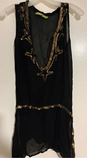 Vintage Black Sheer Beaded Tank with Gold Sequin Trim thumbnail 1