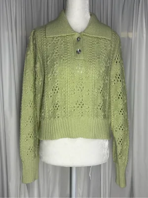 Wayf Light Green Openwork Knit Polo Sweater Size M thumbnail 1