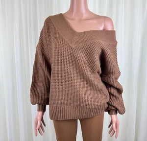 New Women's Zenana Plus Size V-Neck Off The Shoulder Waffle Knit Sweater Camel / Light Brown Sz 1X thumbnail 3