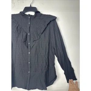 Loft Black Swiss Dot Ruffle Trim Long Balloon Sleeve Blouse Regencycore Size M thumbnail 4