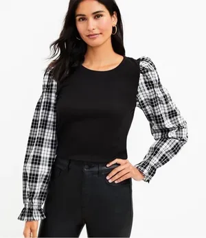 Loft Plaid Lace Trim Mixed Media Blouse size M thumbnail 1