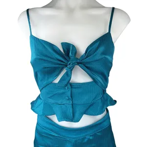 Honey Punch Blue Silky Satin Sleeveless Crop Top & Capri Pants 2 Piece Set XS thumbnail 4