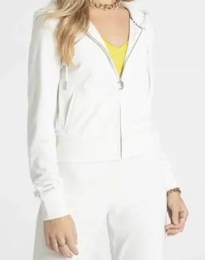 Juicy Couture Bling Velour Tracksuit Jacket Hoodie & Pants in Cream Soda thumbnail 7