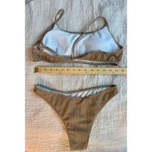 Tan Cable Knit Textured Bikini Set Scoop Neck High Cut Two Piece Swimsuit L thumbnail 4