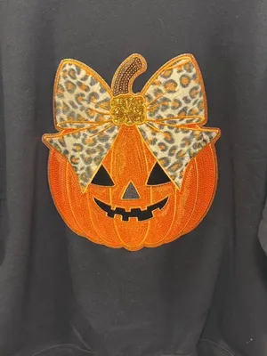 Halloween fall festive Black Sweatshirt with Orange Pumpkin and Leopard Bow thumbnail 3