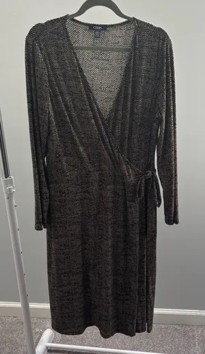 Chaps Brown and Tan Abstract Ditsy Dot Faux Wrap Dress with Tie Waist thumbnail 1