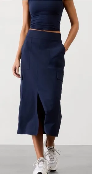 Athleta Navy brooklyn heights Cargo Midi Skirt Utility Travel Slit Womens 14 thumbnail 1