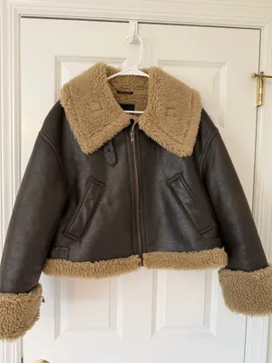 Zara short faux shearling leather brown crop jacket thumbnail 2