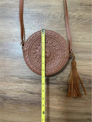 Brown Round Boho Crossbody Bag Woven Embossed Design Tassel Adjustable Strap thumbnail 3