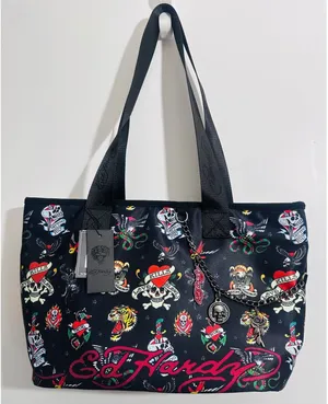 NWT Ed Hardy Black Tattoo Flash Skull Y2K Tote Shoulder Bag Charms Love‎ Kills thumbnail 1