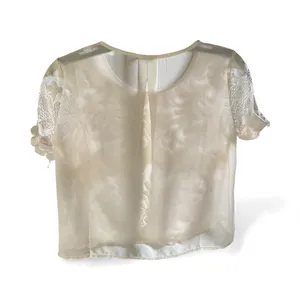 Women's Sheer White Lace Crop Top with Short Sleeves thumbnail 2