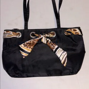 Black Nylon Tote/Shoulder Bag Tie Interwoven Thru Bag 3 Compartments One Zipper thumbnail 2