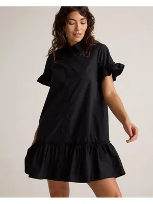 Quince 100% Organic Cotton Poplin Short Sleeve Ruffle Shirt Dress Large Black thumbnail 2