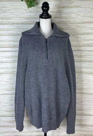 TRUTH Gray Wool Cotton Blend Chunky Knit Quarter Zip Oversized Sweater thumbnail 1