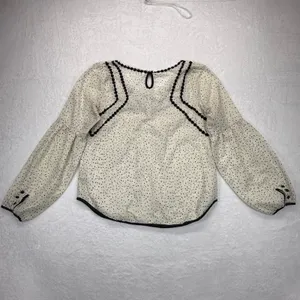 Free People Polka Dot Blouse Sheer Long Sleeve Top Black Trim‎ M READ thumbnail 8