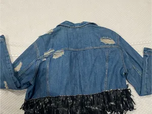 Zara Light Blue Distressed Denim Jacket with Black Fringe Detail thumbnail 6