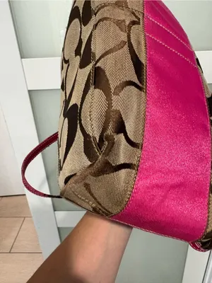 Vintage Coach Reversible Stripe Tote Bag Khaki Pink Canvas with Leather Trim thumbnail 2
