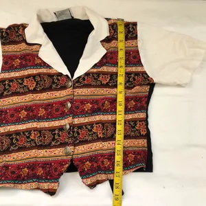 90s Retro Vintage Boho Western Indie Paisley Floral Patchwork Shirt Top Blouse Vest button front tie back short sleeve green red brown black-M Made in USA Measurement in pics thumbnail 6