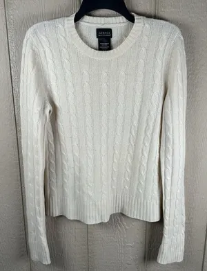 Vintage George 100% Cashmere Cable Knit Sweater Women's Sz Medium Ivory Crewneck thumbnail 1