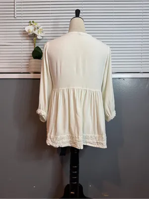 Janasya Ivory Lace Up Babydoll Top Medium Boho Crochet Trim Peasant Blouse thumbnail 6