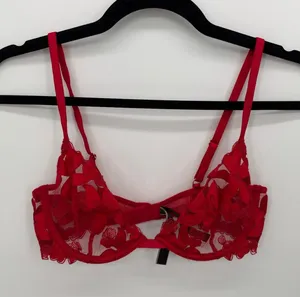 VS Red Floral Embroidered Lace Underwire Bra 34C Unlined Sheer Romantic Coquette thumbnail 1