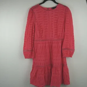 J Crew Coral‎ Eyelet Dress Long Sleeve Tiered Ruffle Mini Size 0 Preppy thumbnail 3