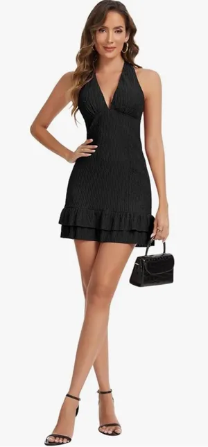 Amazon SHAPERIN Women Summer Sexy Halter Deep V Neck Mini Dress Built in Bra Ruffle Backless Cocktail Party Club Short Dress thumbnail 1