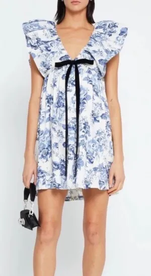 O.P.T blue and white floral mini dress, cotton, lined, size M thumbnail 1