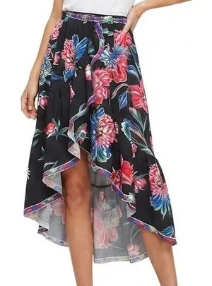 Flying Tomato Floral High Low Ruffle Maxi Skirt Black Multicolor Small thumbnail 1