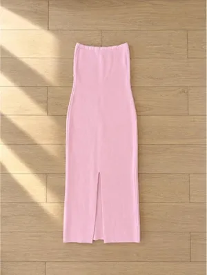 Pink Strapless Twist Front Knit Midi Dress Size M Bodycon Tube Dress thumbnail 2