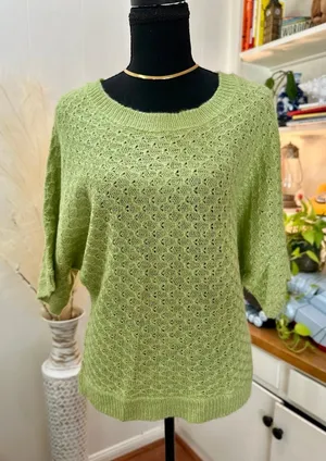 Light Sage Green Knit Sweater L | Breathable Open Weave | Relaxed Fit Spring Top thumbnail 1