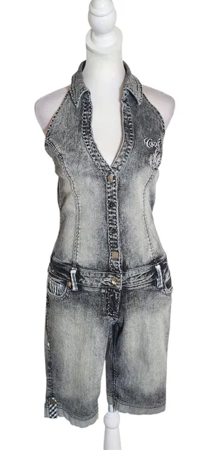 Coogi Black-Gray Distressed Denim Halter Jumpsuit Shorts Size 5/6 thumbnail 1