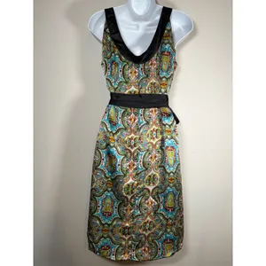 LulaKate Paisley Silk Dress Multicolor Satin Trim Belted Cocktail Boho Size 10 thumbnail 6